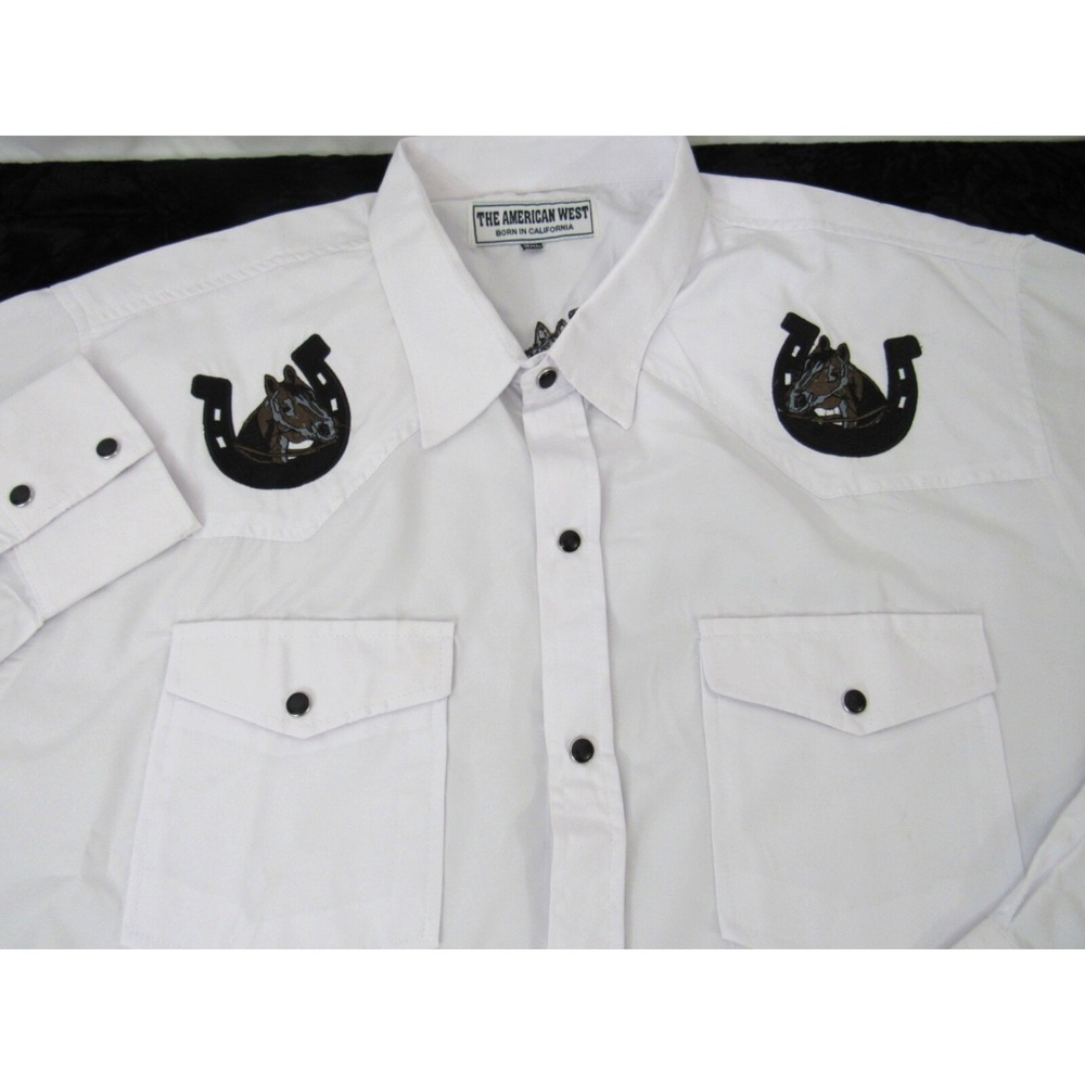The American West Long‎ Sleeve Horseshoe White Pearl Snap Shirt Men's XL Western